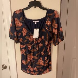 DR2 Women's Fall Floral Navy Top, Daniel Rainn Babydoll top, size S. NEW!
